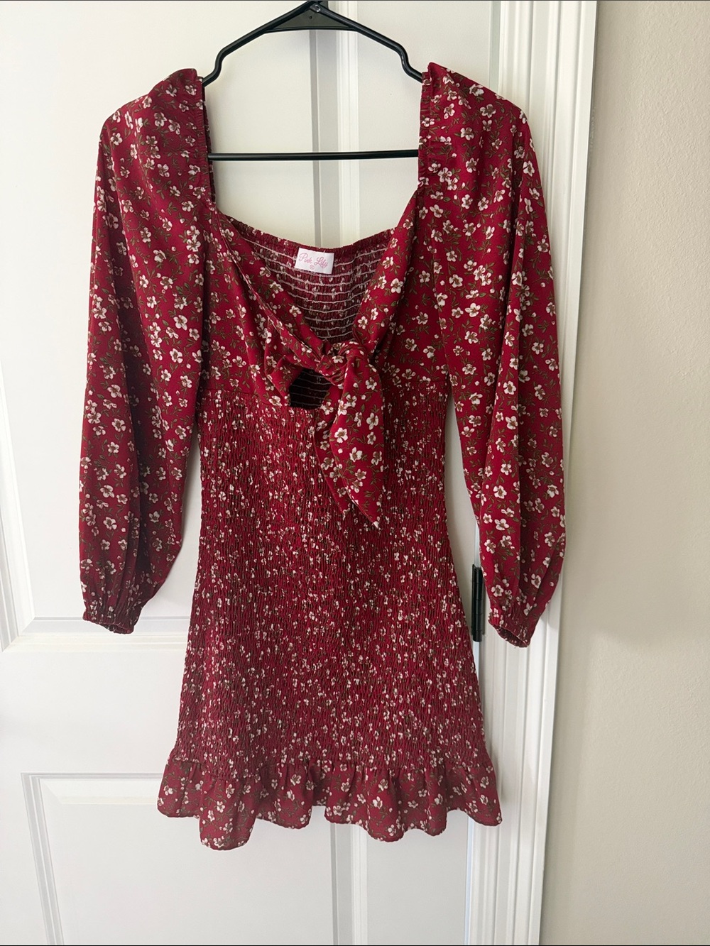 Pink Lily Burgundy Floral Tie-Neck Smocked Mini Dress